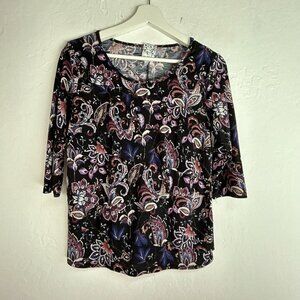 Naif Womens Round Neck Paisley 3/4 Sleeve Top PM Petite Medium Stretch Casual